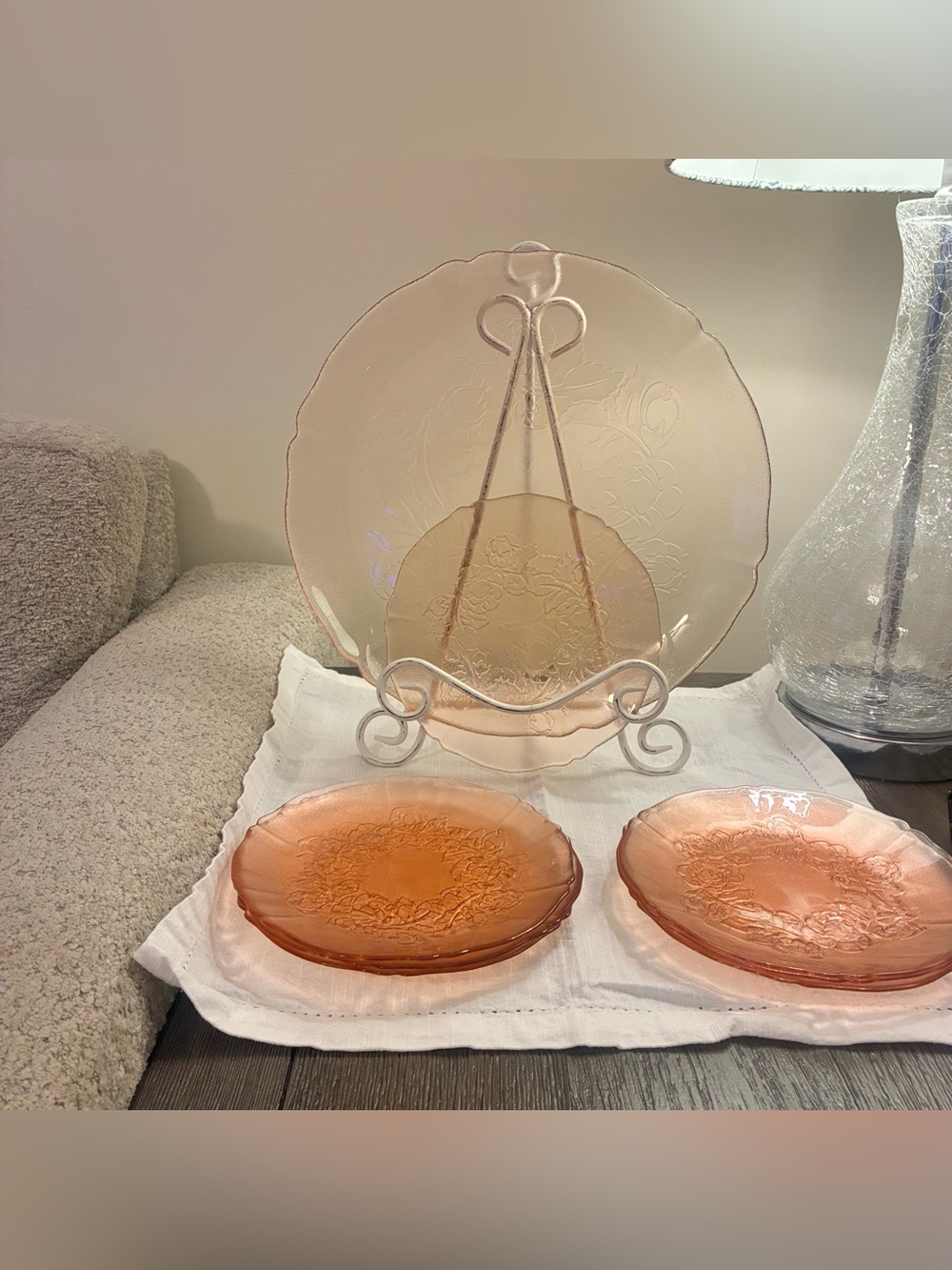 Pink Floral Embossed Glass Cake Plate w/ 6 Dessert Plates